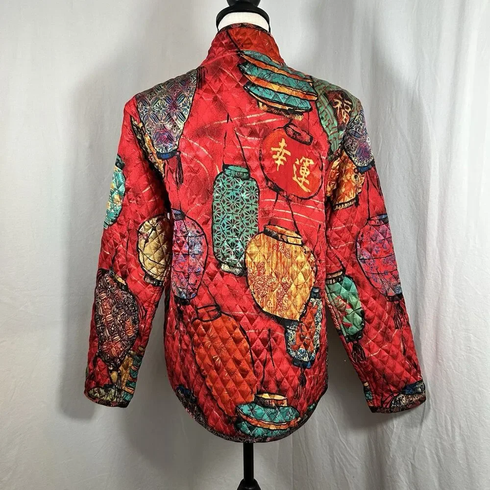 Chico's Silk Quilted Jacket Womens Sz 2 (L) Red Chinese Lantern Print Zip Front